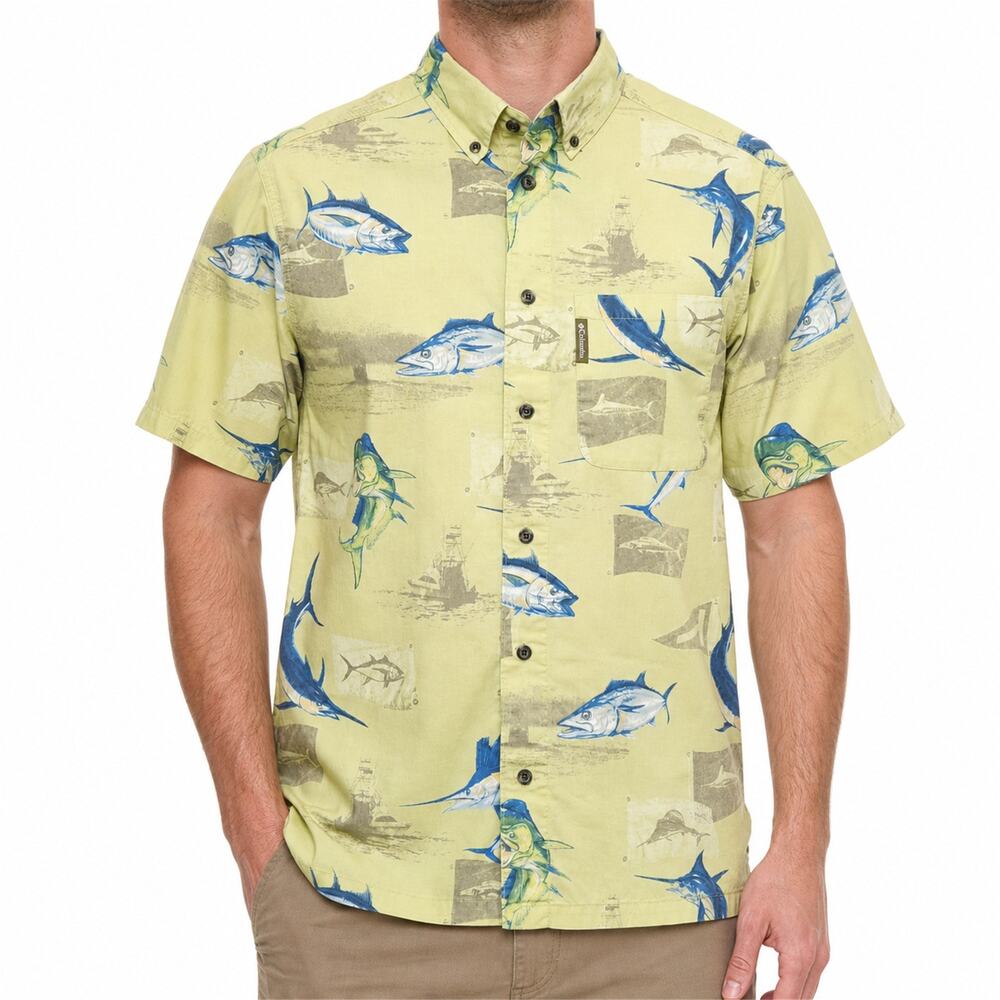 Columbia Shirt Mens Small Green River Lodge Marlin Tuna Field Gear Short Sleeve